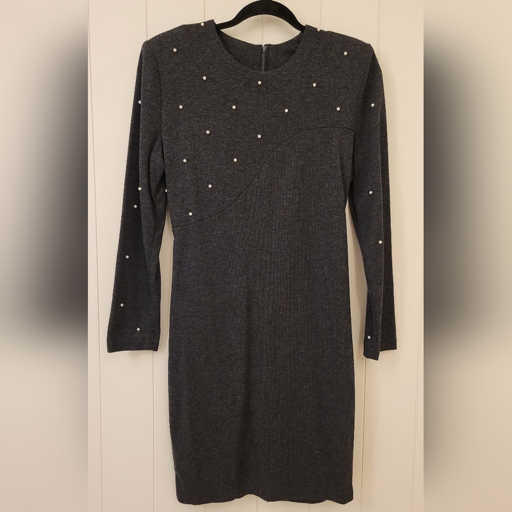 Vintage 1980s Long Sleeve Pearl Studded Dark Gray Bodycon Dress LBD Size 9 - 10